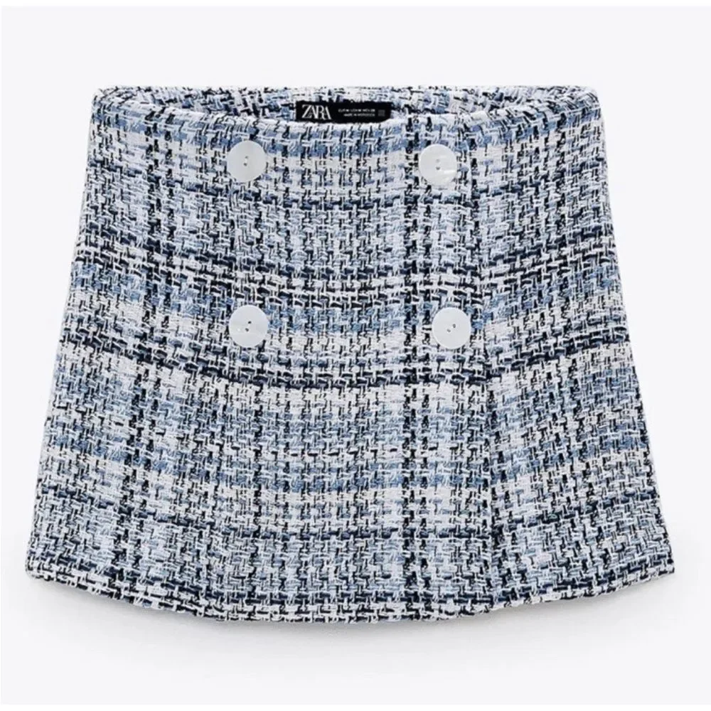 ZARA Textured Tweed Shorts Skort High Waist Blue White Buttons